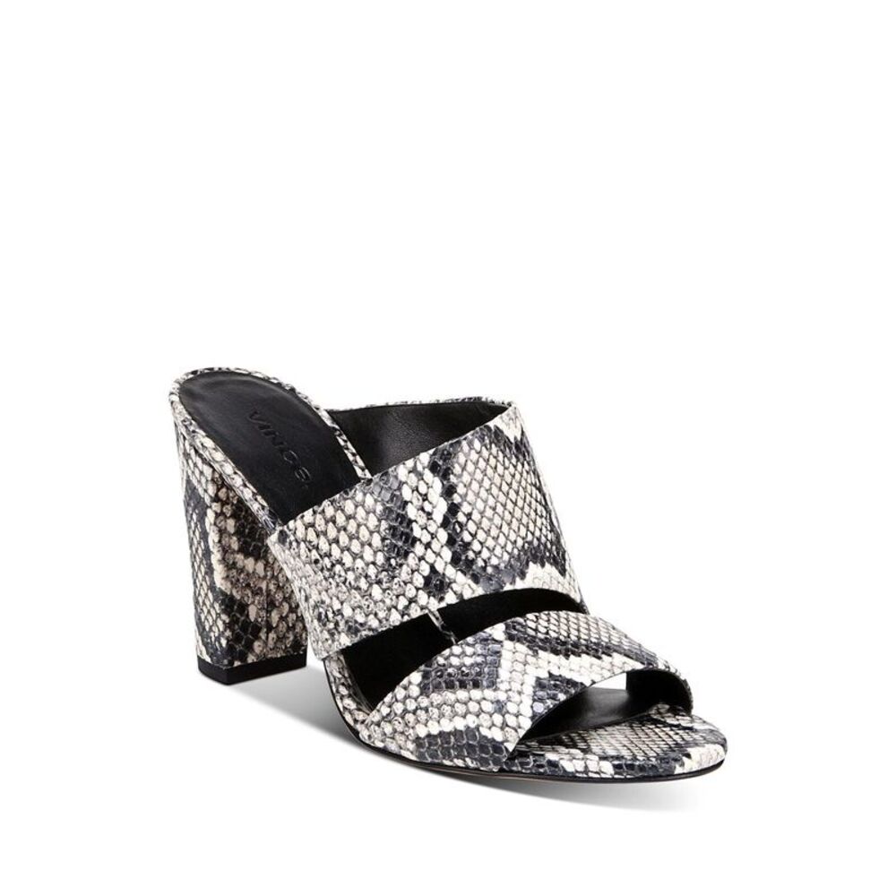 VINCE. Womens Black Snake Hiro Block Heel Slip On Leather Slide Sandals 8.5 M